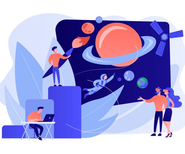 VR space exploration, virtual reality cosmos travel. Virtual world development, simulated environment experiences, virtual worlds design concept. Pinkish coral bluevector isolated illustration